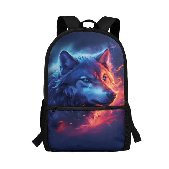 Jeiento Wolf School Backpack for Boys Elementary Bookbag Back Pack Purse Blue Kids Middle High School Bags Rucksack for Kindergarten Students Daypack Back To School Supplies Cool Flame