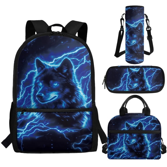 Jeiento Wolf School Backpack Set for Boys 4Pcs Middle Backpacks with Lunch Box Pencil Case and Water Bottle Holder 17inch Kids Bookbag Sets for Elementary High School Bags Daypack Blue