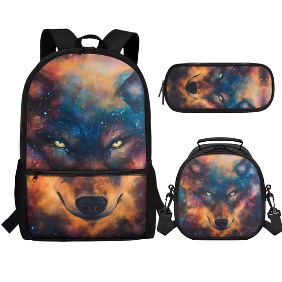 Jeiento Wolf School Bag Bookbag for Primary Junior School Student 3 PCS Backpack Set with Lunch Box Pencil Case for Teens Boys Kids