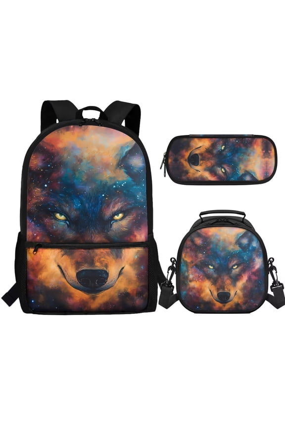 Wolf School Bag Bookbag for Primary Junior School Student 3 PCS Backpack Set with Lunch Box Pencil Case for Teens Boys Kids
