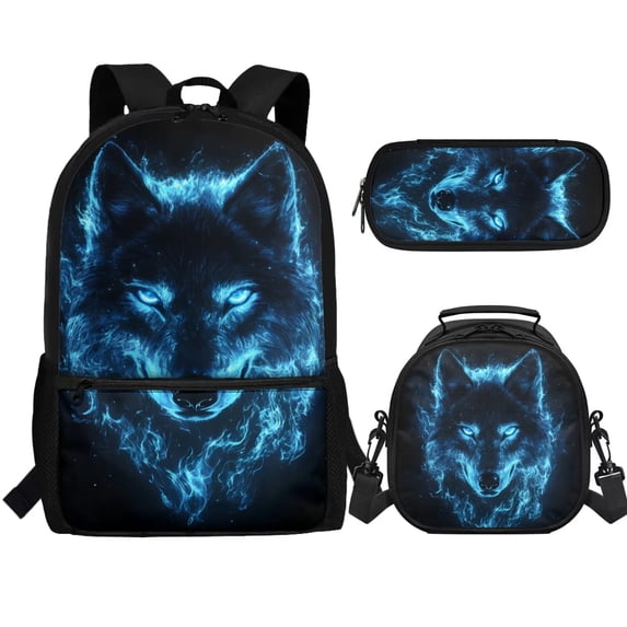 Jeiento Wolf School Bags for Boys 7-10 10-12 Kids Backpack Set with Lunch Box Pencil Case Elementary School Back Pack Purse Preschool Kindergarten Bookbag Travel Daypack Blue