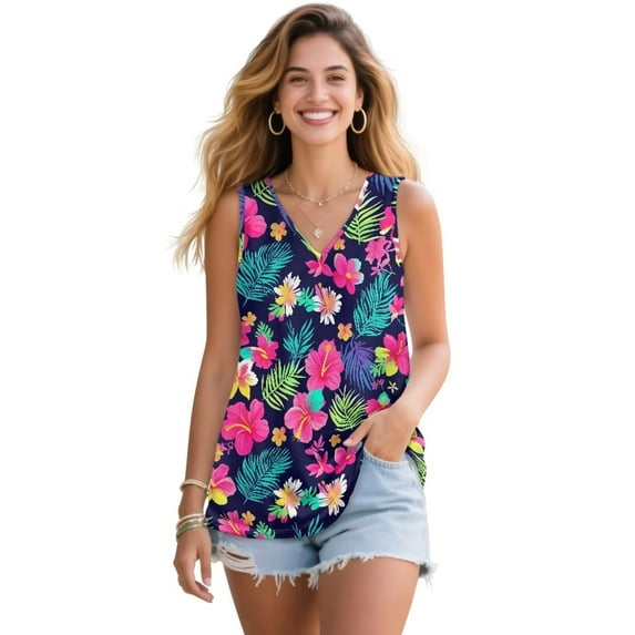 Jeiento Women's Hawaiian Tropical Shirts Green Leaf Hibiscus Floral Tank Tops Lady Sleeveless V Neck Tshirt Red Flowers Tunic Tops Loose Fit Flowy Pleated Athletic Tee Dressy Summer Clothes,M