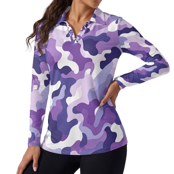 Jeiento Women's Purple Camo Golf Shirts, V Neck Outdoor Travel Tops, Long Sleeve Moisture Wicking Quick Dry Breathable Top for Yoga, Hiking and Daily Wear