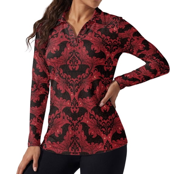 Jeiento Women's Red Bats Golf Shirts, V Neck Sun Protection Sports Tops, Long Sleeve Moisture Wicking Shirts for Workout and Hiking