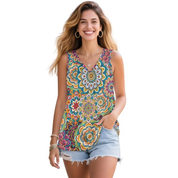 Jeiento Womens Summer Clothes Boho Style Mandala Tank Tops Lady V Neck Trendy Sleeveless Summer Tops Loose Fit Short Sleeve Blouse Athletic T-shirts Beach Vacation Outfits,M