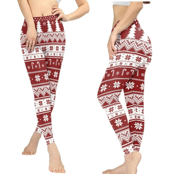 Jeiento Xmas Women's Yoga Pants High Waist Stretch Workout Running Leggings Full Length Seamless Athletic Joggers Tights, Christmas Tree Print, Red, Size XS