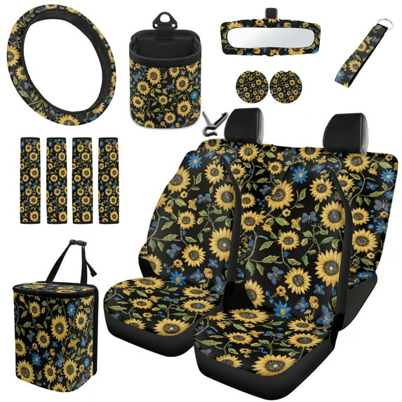 Jeiento Yellow Sunflower Auto Car Seat Covers Fit Most SUV Truck with Seat Belt Shoulder Pad,15 Inch Steering Cover,Coaster,Rear View Mirror Cover,Key Chain Holder,Auto Vent Organizer Pack of 15