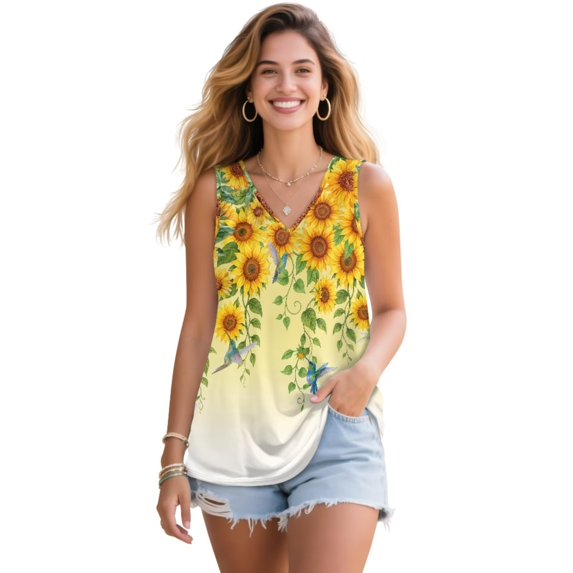 Jeiento Yellow Sunflower Hummingbirds Tank Tops for Women Plus Size Lady Sleeveless V Neck T-shirt Basic Loose Fit Pleated Tunic T-Shirt Soft Breathable Athletic Running Yoga Tops Y2K Shirt,XL