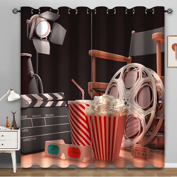 Jekeno Movie Theater Theme Blackout Grommet Curtains,Movie Popcorn Drink Print Drapes Decor for Bedroom Living Room Window Top Room Darkening Curtains 2 Panel Set, 52"X63"（Red Black）