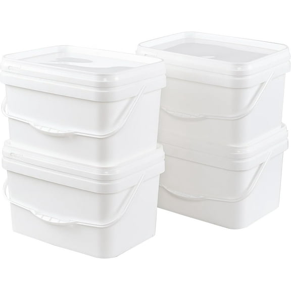 Jekiyo 4 Packs 2.6 Gallon Food Grade Storage Bucket with Sealable Lid, Small Rectangle Bucket Pail, White