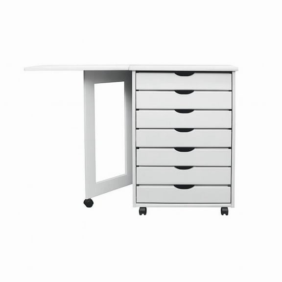 Jela Solid Wood 7 Drawer Gate Leg Roll Cart Desk in White