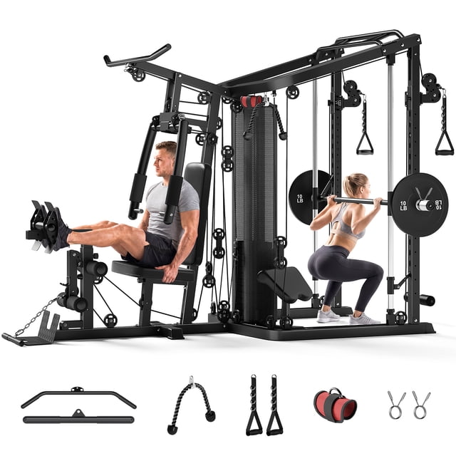 FORGEMUS Smith Machine Power Cage, Multi-Function Home Gym System with 150LB Weight Stack,LAT Station for Full Body Strength Training