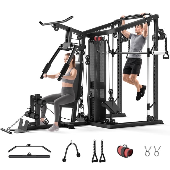 FORGEMUS Smith Machine Power Cage with 150LB Weight Stack, LAT Pulldown Home Gym System