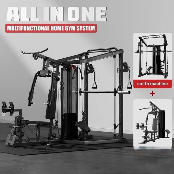 FORGEMUS Smith Machine Power Cage, Multi-Function Home Gym System with 150LB Weight Stack,LAT Station for Full Body Strength Training