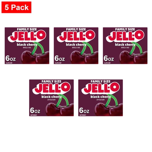Jell-O Black Cherry Artificially Flavored Gelatin Dessert Mix, Family Size, Box 6 oz - 5 Pack
