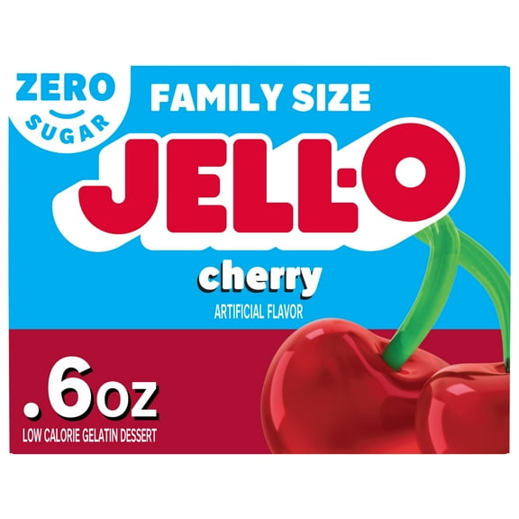 Jell-O Cherry Zero Sugar Low Calorie Gelatin Dessert Mix, Family Size, 0.6 oz Box