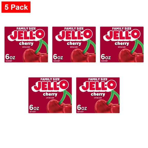 Jell-O Cherry Gelatin Dessert Mix, Family Size, Box 6 oz - 5 Pack
