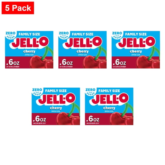 Jell-O Cherry Zero Sugar Low Calorie Gelatin Dessert Mix, Family Size, Box 0.6 oz - 5 Pack