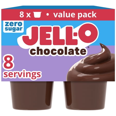 Jell-O Chocolate Zero Sugar Ready-to-Eat Pudding Snack Cups Family Size Pack, 8 Count Cups