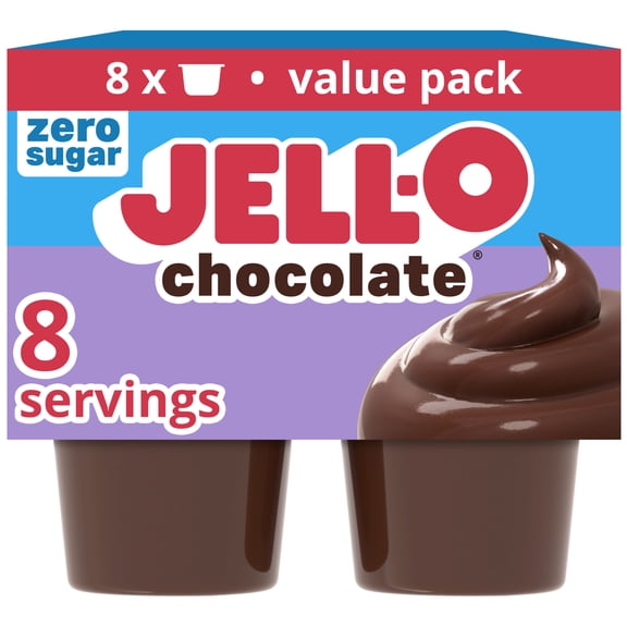 Jell-O Chocolate Zero Sugar Ready-to-Eat Pudding Snack Cups Family Size Pack, 8 Count Cups