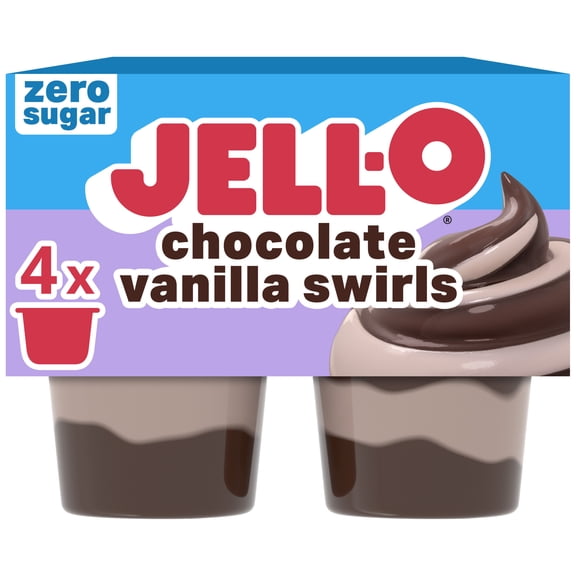 Jell-O Chocolate Vanilla Swirls Artificially Flavored Zero Sugar Ready-to-Eat Pudding Snack Cups, 4 Count Cups