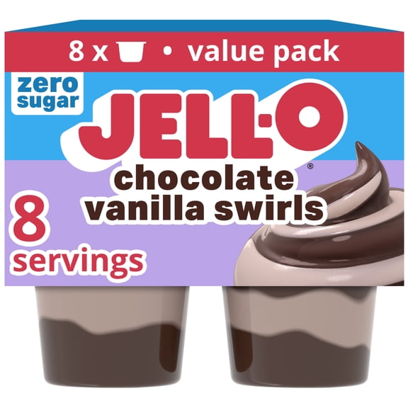 Jell-O Chocolate Vanilla Swirls Artificially Flavored Zero Sugar Ready-to-Eat Pudding Snack Cups Family Size Pack, 8 Count Cups