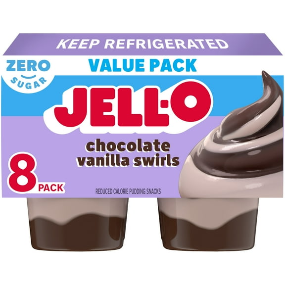 Jell-O Chocolate Vanilla Swirls Artificially Flavored Zero Sugar Ready-to-Eat Pudding Snack Cups Family Size Pack, 8 ct Cups