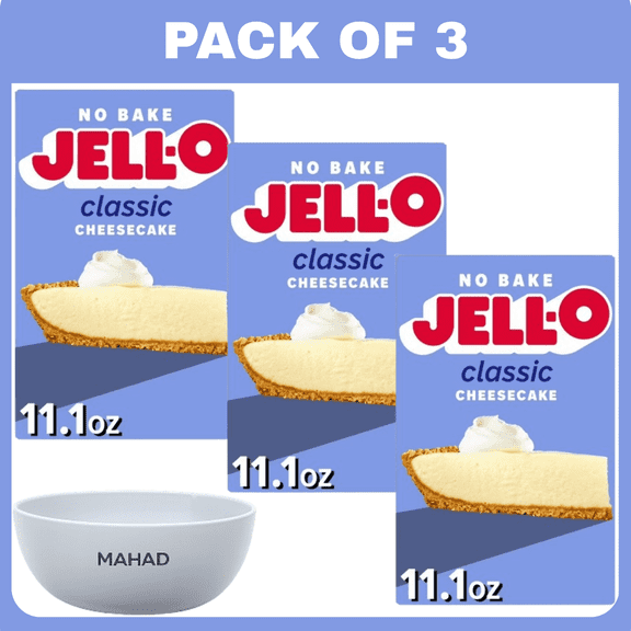 Jell-O No Bake Classic Cheesecake Dessert Kit with Filling Mix and Crust Mix, 11.1 oz Box-3 pack-with Bowl
