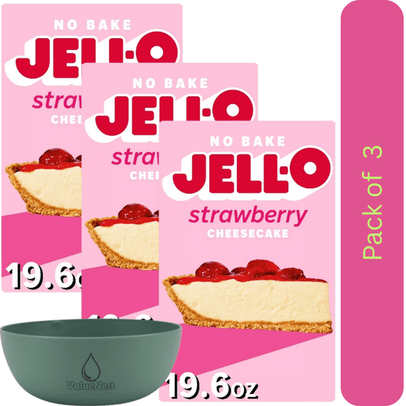 Jell-O No Bake Strawberry Cheesecake Dessert Kit 19.6 oz Box Pack of 3 with bowl by Value Nest