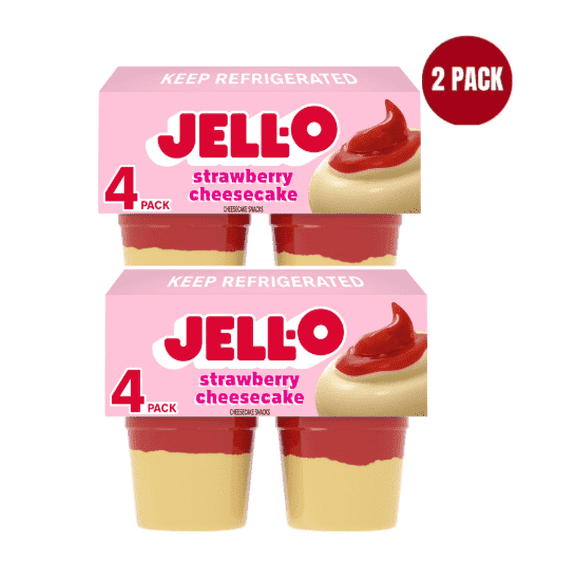 Jell-O Original Strawberry Cheesecake Pudding Cups Snack, 4 Ct Cups Pack of 2