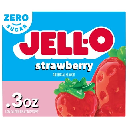 Jell-O Strawberry Zero Sugar Low Calorie Gelatin Dessert Mix, 0.3 oz Box