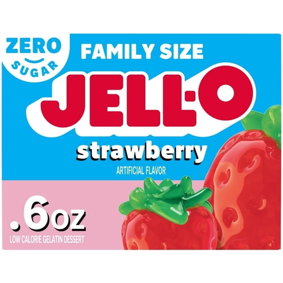 Jell-O Strawberry Artificially Flavored Zero Sugar Low Calorie Gelatin Dessert Mix Family Size 0.6 oz Box (Pack of 8)