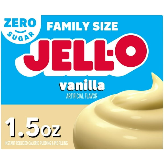 Jell-O Vanilla Artificially Flavored Zero Sugar Instant Reduced Calorie Pudding & Pie Filling Mix, Family Size 1.5 oz Box (Pack of 4)