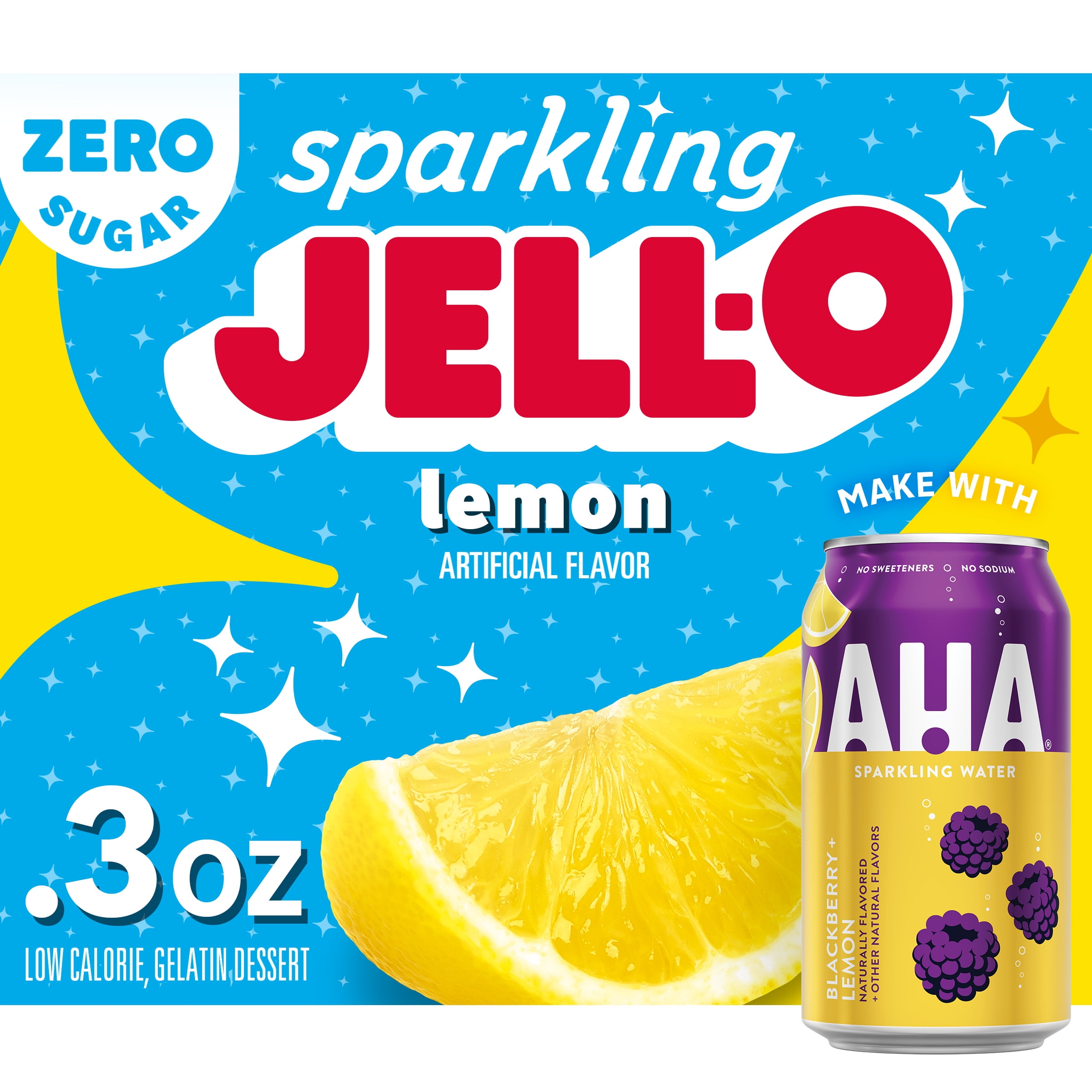 JellO Zero Sugar Sparkling Lemon Low Calorie Gelatin Dessert, 0.3 oz Box