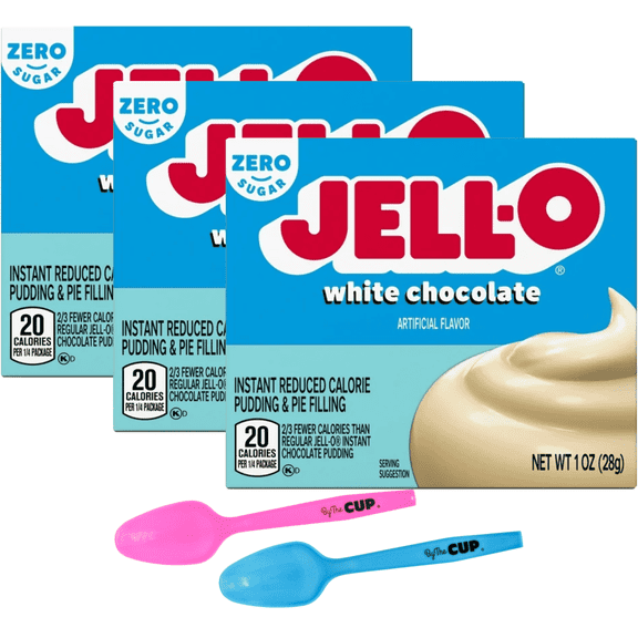 Jell-O Zero Sugar White Chocolate Instant Pudding & Pie Filling Mix 1 oz Box (Pack of 3) with By The Cup Mood Spoons