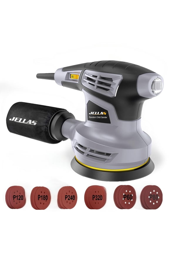 Jellas 5-Inch Random Orbital Sander with 18-Piece Sandpaper Set, 13000 RPM 6-Speed Adjustable Sander with High-Performance Dust Collection, Motor & Included Dust Bag for Flawless Wood Finishing