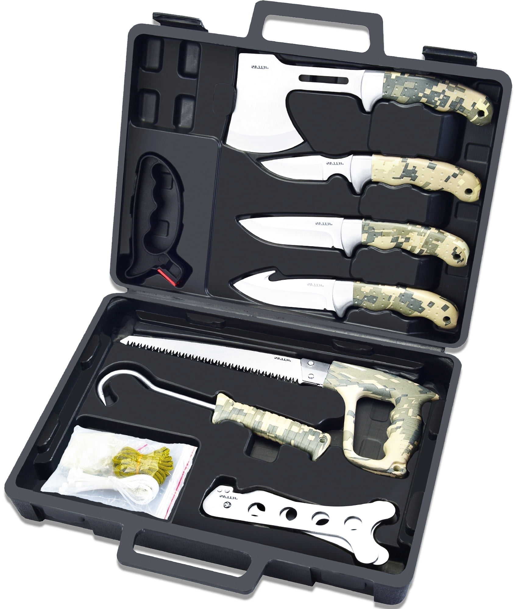 Jellas 14 Pieces Deer Hunting Knife Set with Storage Case, Butcher Kit, Fixed Blade Skinning Knife for Camping, Fishing