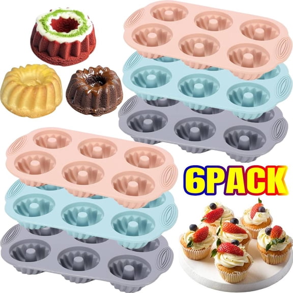 Jello Molds 6 PACK Silicone Fluted Tube Cake Pans,  6 Cavity Silicone Mold for Bundtlette Cake, Non Stick, 2 Pink+2 Blue+2 Gray