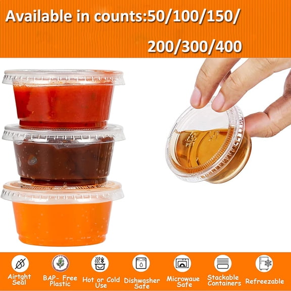 Jello short cup, 100 sets - 2 oz. disposable plastic cup with lid, souffle cup, transparent plastic container with lid, condiment cup, sauce cup, disposable souffle cup. (2 oz)
