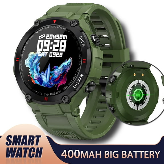 Jelloo 400mAh Big Battery Rugged Smart Watch for Men with Pedometer Outdoor Sport Smartwatch with Make /Answer Call Compatible for iOS Android, 1pc, Green
