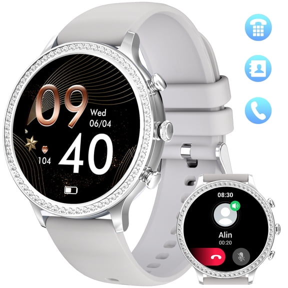 Jelloo I70D3 1.32" HD Smartwatch for Women with Diamonds, Fitness Tracker Sleep Monitor Sports Modes Personalized Dials, Smartwatches for iOS Android, 1pc, Gray