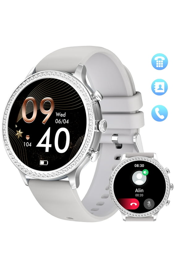 I70D3 1.32" HD Smartwatch for Women with Diamonds, Fitness Tracker Sleep Monitor Sports Modes Personalized Dials, Smartwatches for iOS Android, 1pc, Gray