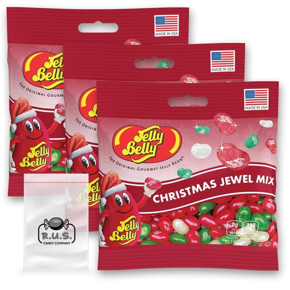 Jelly Belly Jewel Christmas Mix Jelly Beans- 3 Pack - 3.5 oz each, Jelly bean assortment holiday mix bags with 1 R.U.S. Candy Co pocket size travel bag Jewel Christmas Mix