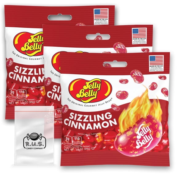 Jelly Belly Sizzling Cinnamon Jelly Beans- 3 Pack - 3.5 oz each, Gourmet jelly beans - bundle comes with with 1 R.U.S. Candy Company pocket size travel bag Sizzling Cinnamon
