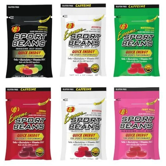 Jelly Belly Sport Bean Variety 6 pack 1oz bags Contains Carbs, Electrolytes, Vitamin B & C FLAVORS Fruit Punch, Assorted, Extreme Cherry, Assorted & Extreme Watermelon Energy Beans