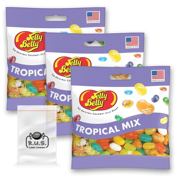 Jelly Belly Tropical Mix Jelly Beans- 3 Pack - 3.5 oz each, Fruity Jelly Beans Bundle- bundle comes with 1 R.U.S. Candy Company pocket size travel bag Tropical Mix
