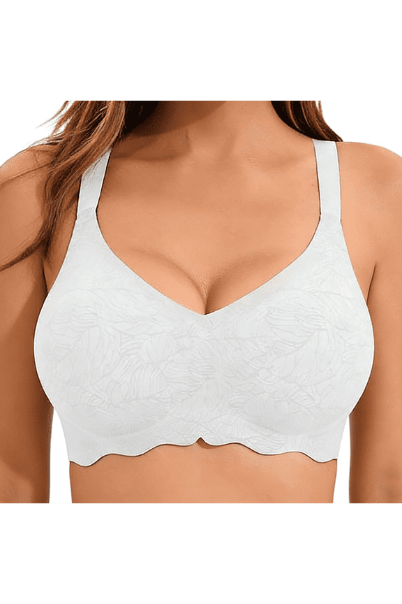 Jelly Bra for Women, Wireless Seamless Full Coverage Bra with Embossed Floral Texture & Scalloped Edge, M-3XL