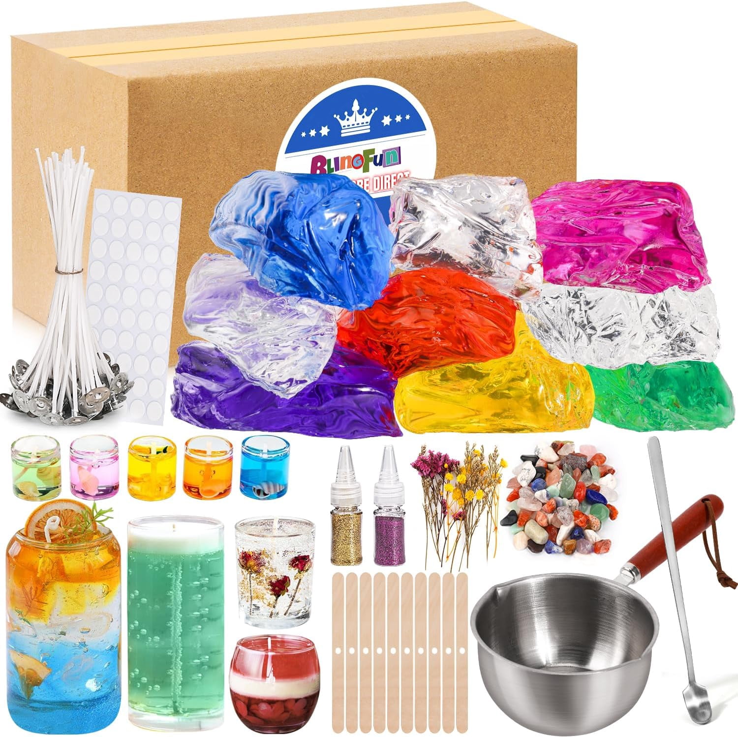 Jelly Candle Making Kit 9pcs Gel Wax -7 Colors kit，Includes Wicks Wick Stickers，Wooden Holders and More，DIY Starter Kit 2.8LB/45oz