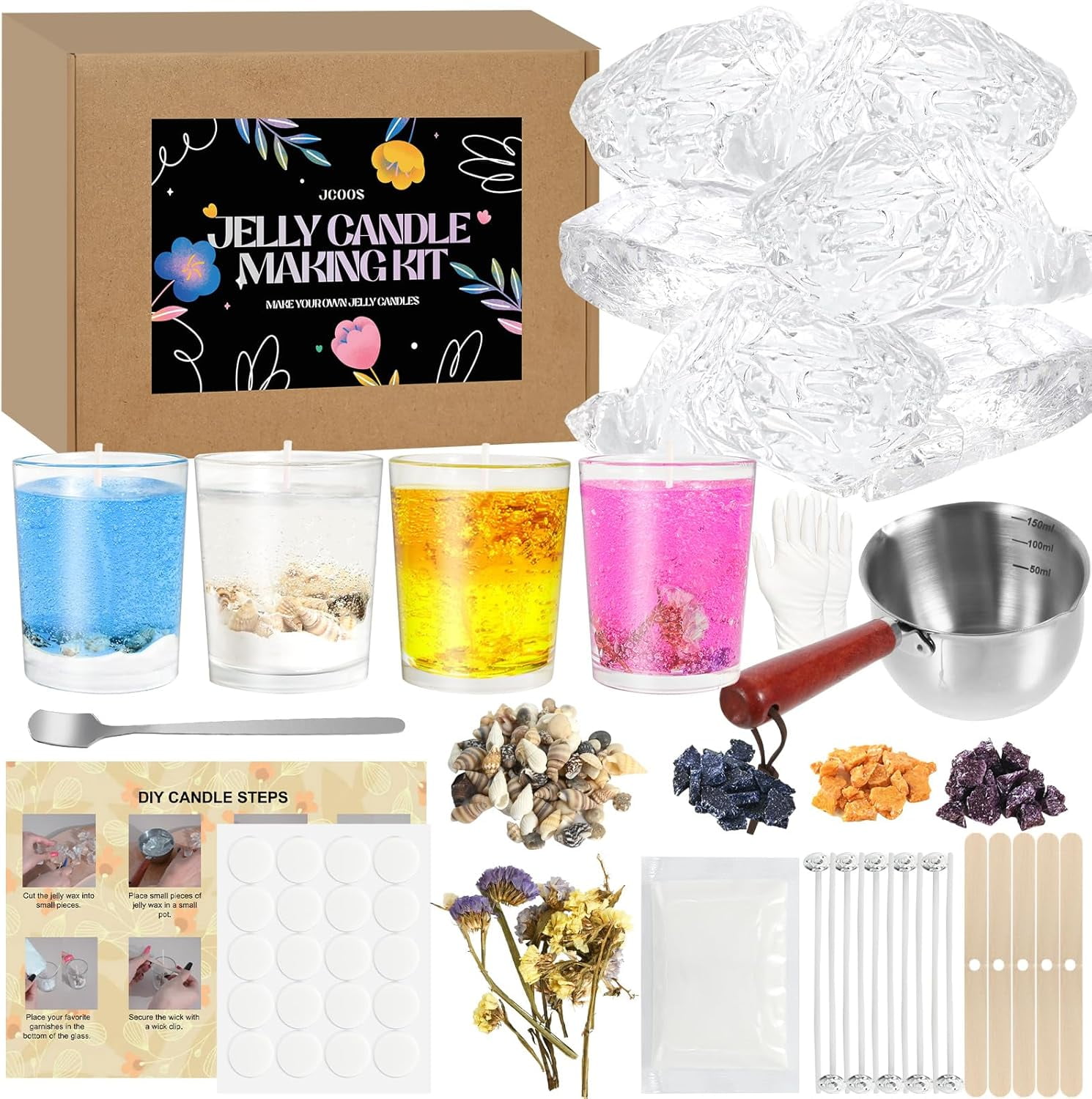 Jelly Candle Making Kit DIY Wax Melts Kit for Adults 1.5 lb Gel Making Wick Dried Flowers Conch Sand Dye Crafting Valentine's Day Gift