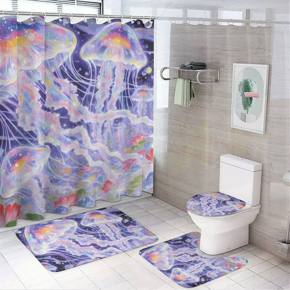 Jelly Fish Print Shower Curtain Set 4-Set Abstract Art Animal Theme Bathroom Decor Set Includes Floor Mat ,Toilet Cover Mat ,U-Mat ,Shower Curtain with 12 Hooks,72inx72in